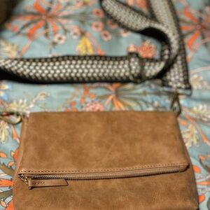 Amazon Tan Crossbody Bag with Patterned Strap